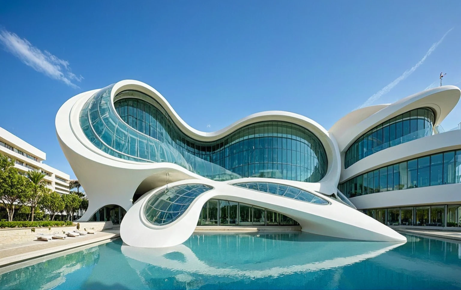 This image features a futuristic architectural structure with smooth, white, curved lines and organic shapes, set beside a calm blue pool. The building has a streamlined, almost spacecraft-like appearance, with large arched elements and sections resembling wings. The sky is clear and blue, complementing the reflections in the water below. To the right, an extended roof structure creates an open, shaded area, while a tall building stands in the background. The overall atmosphere is modern and serene, with a harmonious blend of architecture and water.