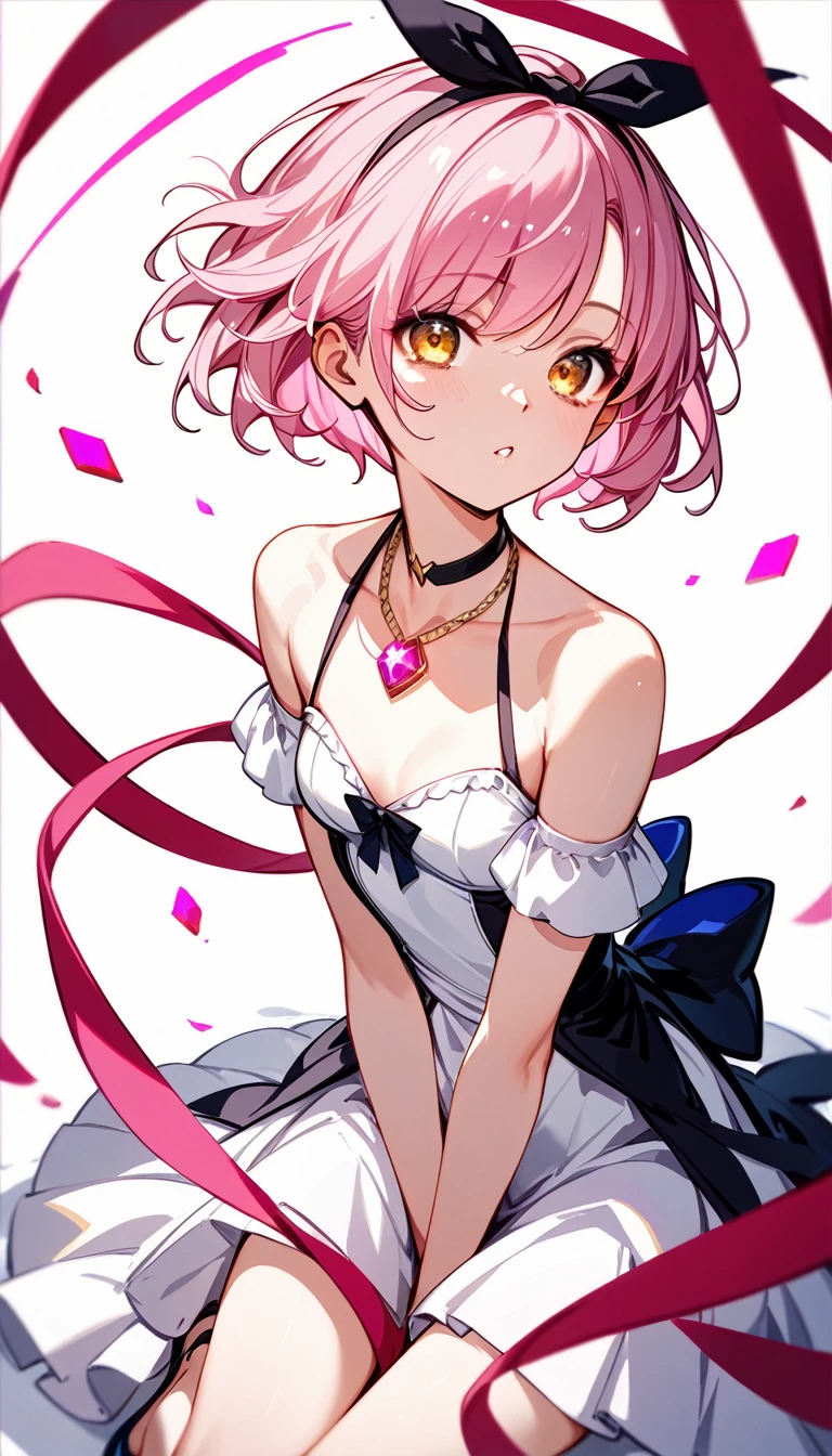  High image quality 、high quality、 one girl shaking her hips、 pink hair、 short hair、 golden eyes、Small breasts、 cleavage、 simple background、Fisheye Lens、Shooting from above、 The girl is looking at the camera、 face up 、Looking up、 High Heels 、White clothes、 magic maiden 、Big ribbon、necklace with pink gemstones