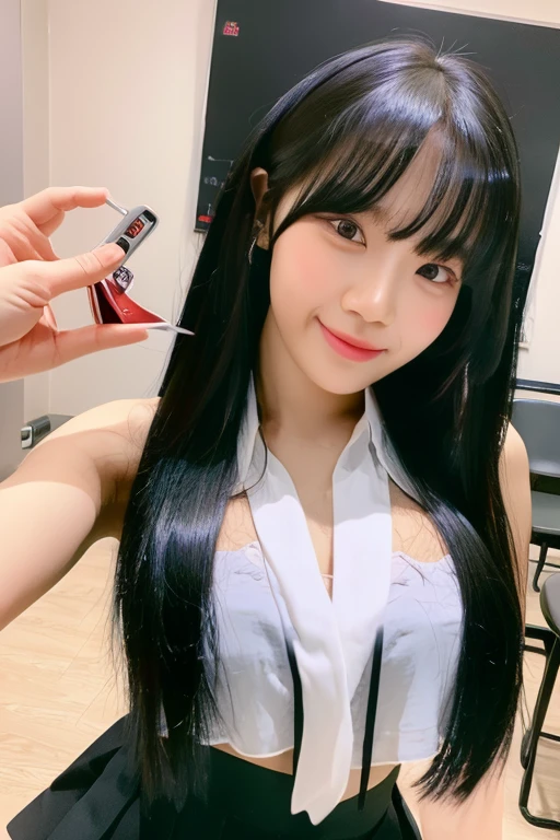 masterpiece, Best Quality, 8k, Ultra-dense skin,  perfect anatomy, upper body, cute, 1 girl,Full body zoom,Kim Chaewon,Jet black hair, straight hair, oily, shiny skin, smooth skin, watch viewers,Sharp focus,Focus,classroom,uniform,Brown blouse, white shirt ,tie, wearing a skirt , tight body,Expose,18 years old,A seductive smile,double eyelid,Fine grain, excited , Sexy Poses , Erotic ,