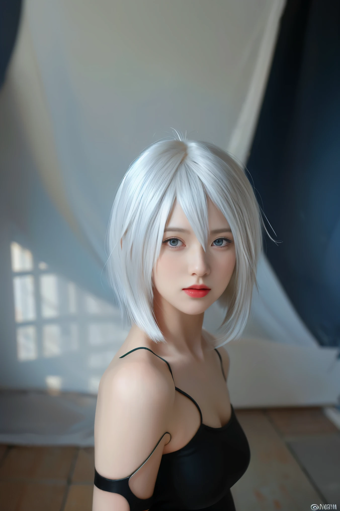best quality,tmasterpiece,Ultra-high resolution,Clear face,(Reality:1.4),(RAW photo),cold light,(upper body photo:1.5), (photorealistic:1.50), anime wallpaper, Guviz style artwork, fantasy close-up to magic, by Yang J, Guviz, beautiful artwork illustration, beautiful digital artwork, beautiful digital illustration, Li Song, beautiful anime portrait, art style at Beauvot, 1girl, solo, is, bare shoulders, black gloves, blue eyes, breasts, elbow gloves, gloves, joints, medium breasts, Moles, Moles under mouth, short hair, shorts, thighs, white hair, torn clothes, asymmetrical footwear,
Looking at the audience, Curtain background, pose Selfi,