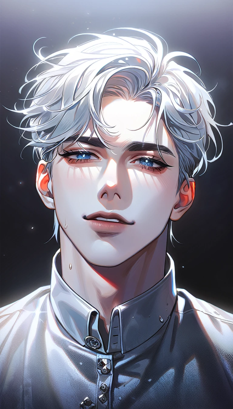 absurdres, highres, ultra detailed, HDR, master piece, best quality, extremely detailed face, delicated features, Jaehwan, White hair, messy hair, short hair, no fringe, without bangs, expressive blue eyes, Small eyes, Korean, The World After The Fall, solo, sexy boy, handsome, sensual, adult face, smirking, black Gothic fashion, KPOP, cold, Transparent, black, Boyfriend