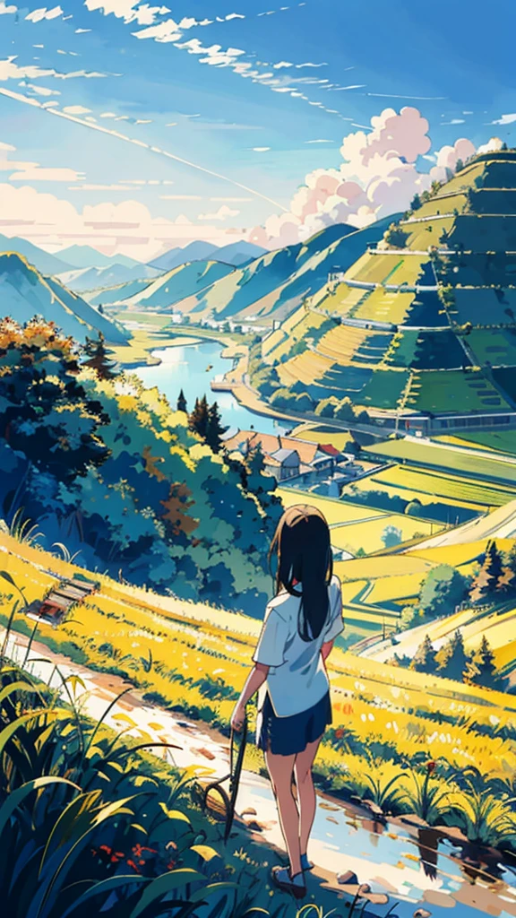 October,(A blue sky,countryside landscape),(woman harvesting rice).(A contrail), rice terraces at the base,((Rice harvesting,ripe rice ears)), private house at the foot of the mountain.