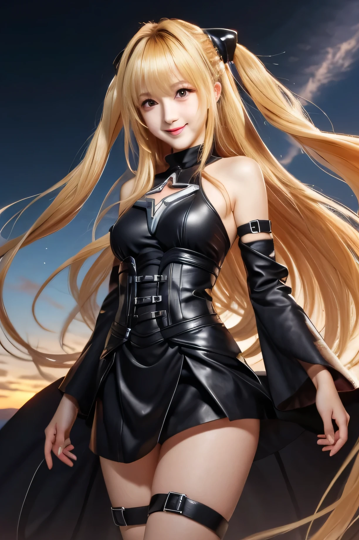 Masterpiece, high quality, golden darkness, long blonde hair, red eyes, slim waist, sexy, large breasts, mature female, thick thighs, smile, tight leather dress, beaufiful, thigh straps,