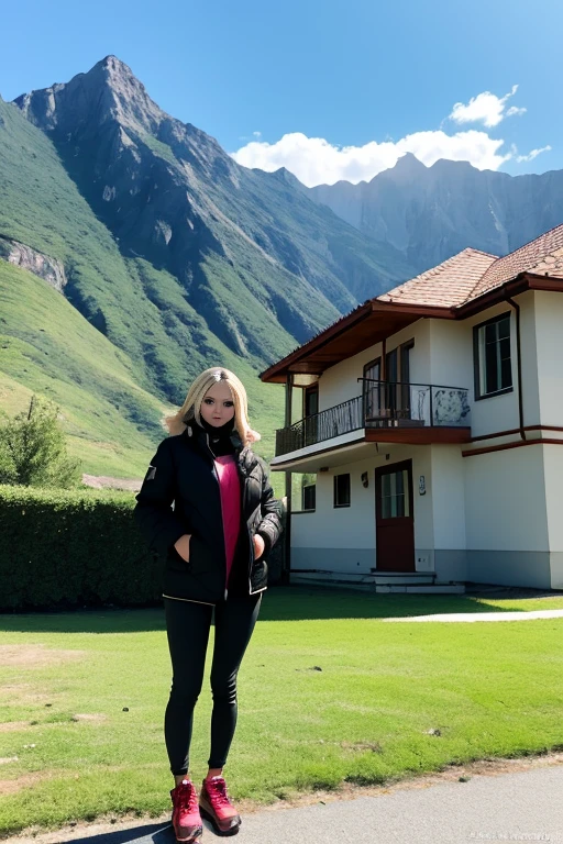 arafed woman in black jacket standing in front of a house, aleksandra waliszewska, hills in the background, with mountains in the background, karolina cummings, anastasia ovchinnikova, olya bossak, dasha taran, angelina stroganova, in the mountains, ekaterina, by Anna Haifisch