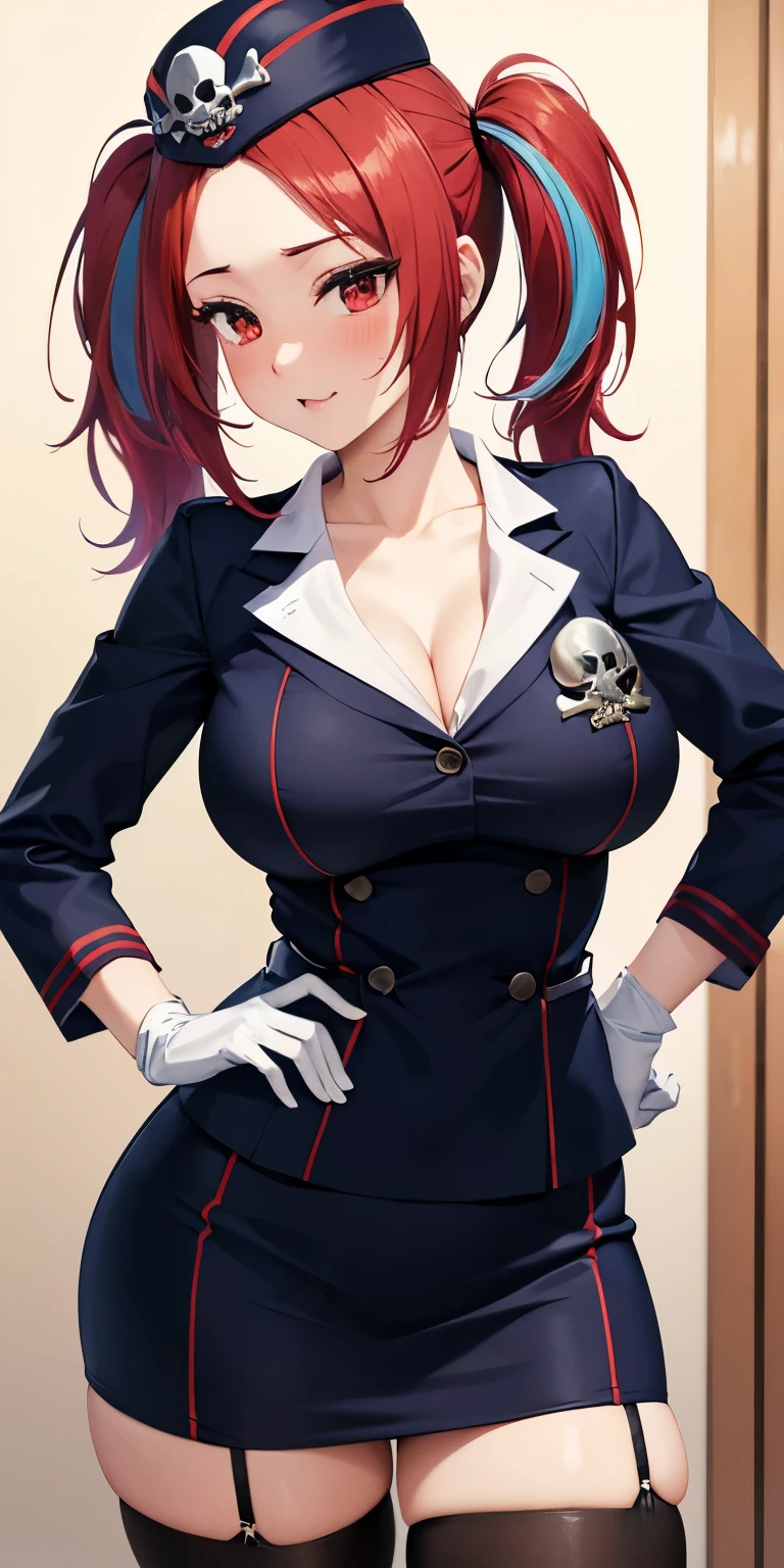 1 Female,High definition,high resolution,Ultra-realistic,8K, 1girl, solo, red hair, red eyes, twintails, employee uniform, pencil skirt, skull print, navy cap, fang, black legwear, white gloves, large breasts,European,sexy,Upper body close-up,Photographed from the front,Dynamic Angles,(blush), (medium tits) , multicolored hair 