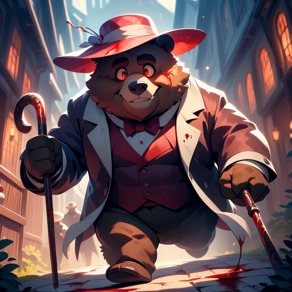  Dynamic Angle, gentleman, Overweight middle-aged bear man,  silk hat, Walking Cane , A light smile, Take a walk,  Brown Eyes , Male face, Big Face, Male Eyes , Sharp Eye, Big Eyes, Male eyebrows,  Innocent Expression , Flexible body, masterpiece,  best quality ,  so beautiful, Absurd,Red eyes,Blood,horror art