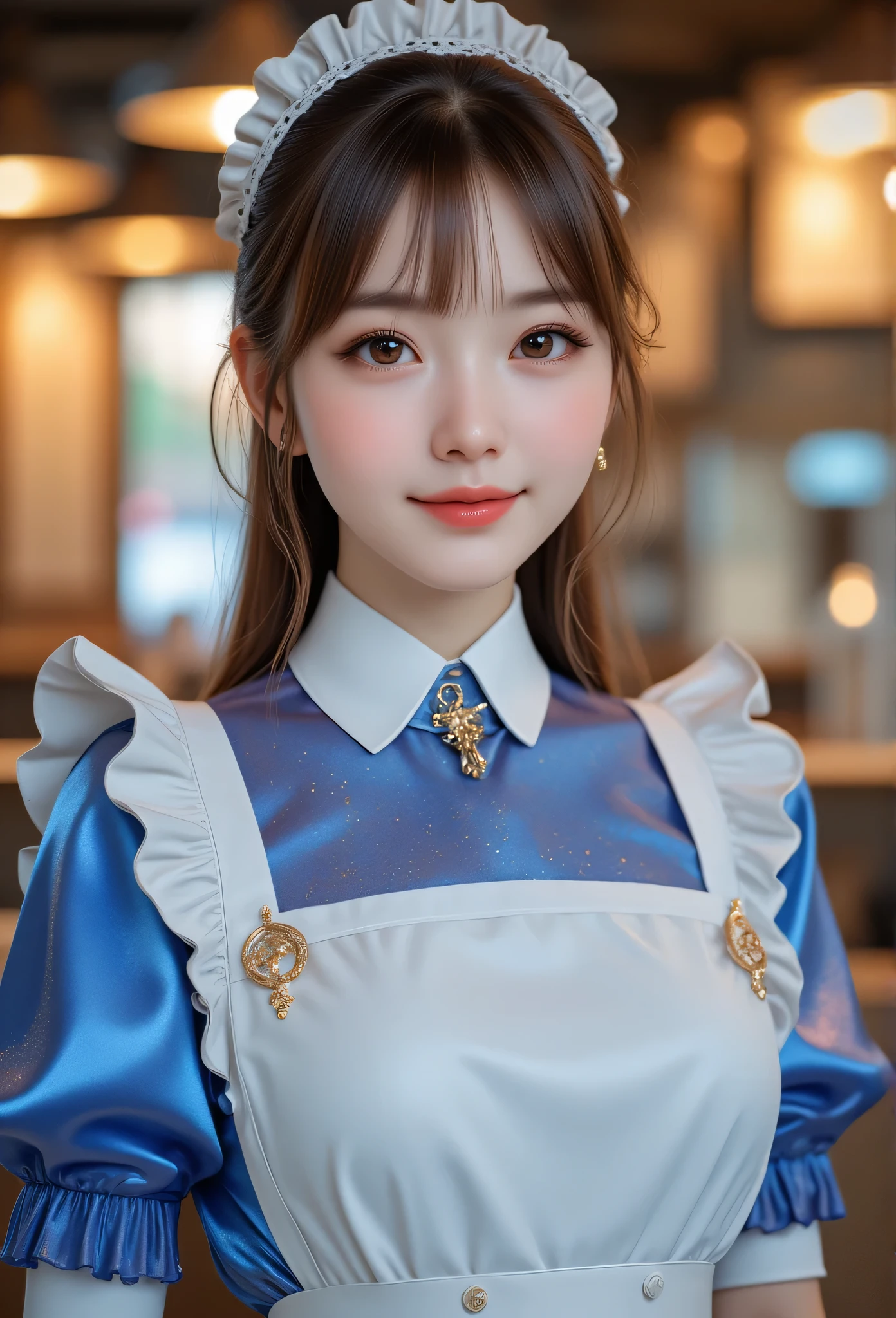 (super cute young face:1.3),(sparkling clear attractive large glowing eyes:1.5), (japanese idol face:1.5),very beautiful cute girl,(baby face:1.4),(fifteen years old:1.1),exquisite smooth and silky long brown straight hair,fair skin,(happy cheerful smile),professional portrait,(very cute metallic blue and white maid costume:1.3),(beautiful apron and skirt :1.1),happy cheerful smile,body shot,in the restraint