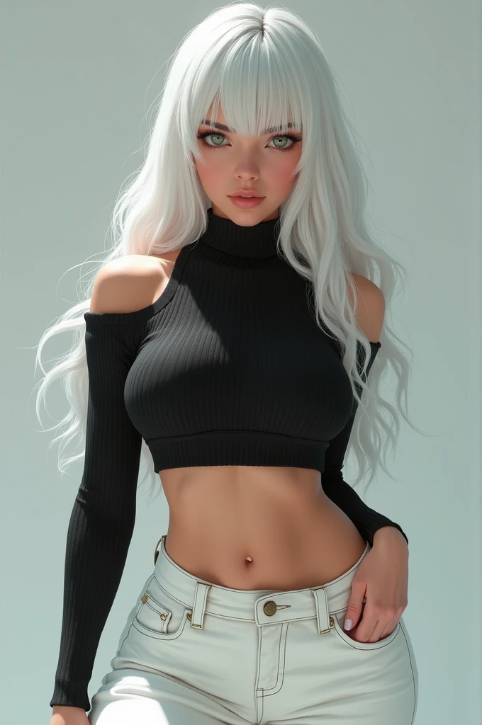 A full body of a Photorealistic of a fabulous, petite, 26-year-olf colossal breasted muscular woman in a playful, quirky, huge, colossal breasts, smirking, snarky, youthful expression for a Smallville show photo. She looks 26 and 5'2": Japanese Colombian, full body, with (flat, athletic, well-muscled). Heavy artistic eyeliner. Tasteful natural makeup. full body. Sleek light white hair is Asian-textured, extremely asymmetrical, in a messy waterfall long hair with tons of jewelry. full body photo