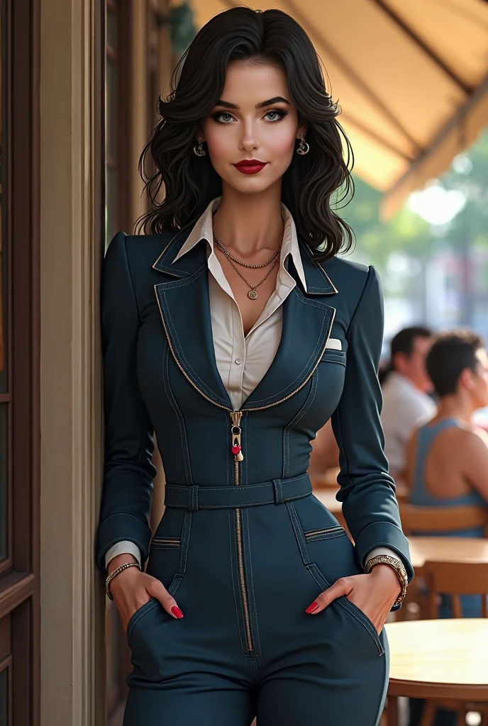 Make a female college student with orange suits appearance, she's have adorable face with purple eyes and black waving haired