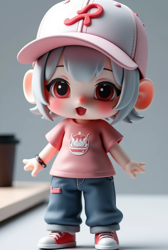 a close up of a doll with a baseball cap on a table, cute cartoon style, style as nendoroid, cute pocelain doll, casual clothing style, dressed with fluent clothes, dressed with long fluent clothes, e - girl, e-girl, the mekanik doll, luts, kawaii shirt and jeans, soda themed girl, cute cartoon character