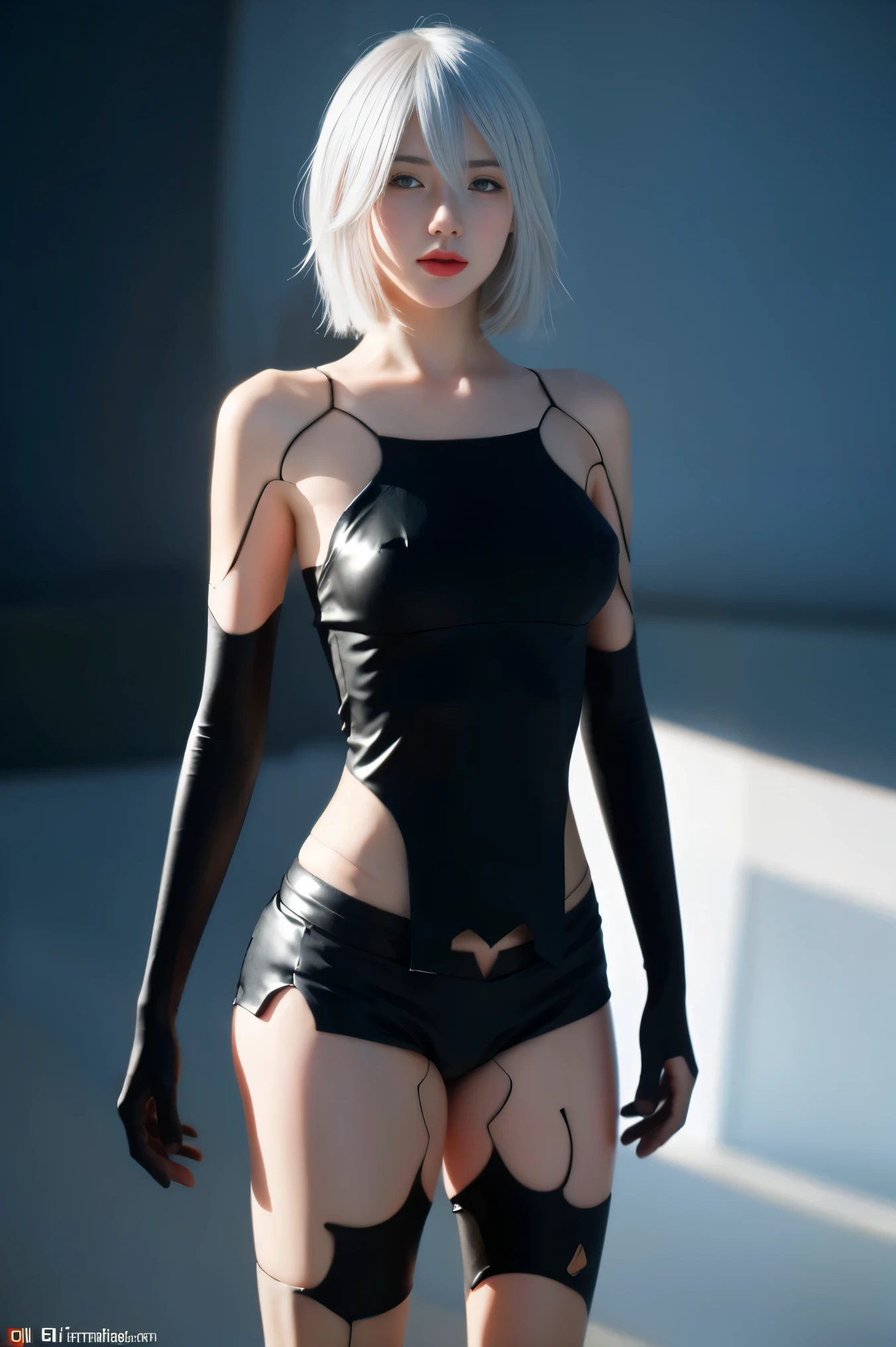 best quality,tmasterpiece,Ultra-high resolution,Clear face,(Reality:1.4),(RAW photo),cold light,(upper body photo:1.5), (photorealistic:1.50), anime wallpaper, Guviz style artwork, fantasy close-up to magic, by Yang J, Guviz, beautiful artwork illustration, beautiful digital artwork, beautiful digital illustration, Li Song, beautiful anime portrait, art style at Beauvot, 1girl, solo, is, bare shoulders, black gloves, blue eyes, breasts, elbow gloves, gloves, joints, medium breasts, Moles, Moles under mouth, short hair, shorts, thighs, white hair, torn clothes, asymmetrical footwear,
Looking at the audience, Curtain background, pose Selfi, pose sexy, sensual,