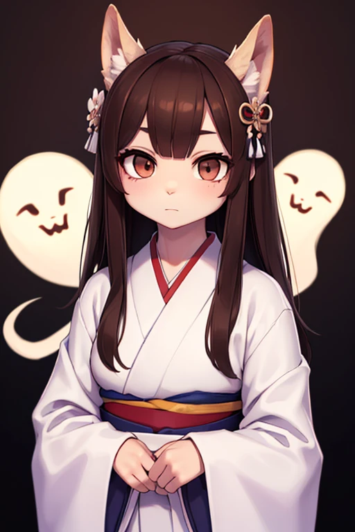 ((Best Quality)), ((masterpiece)),(((Ghost))), 1 person, Brown Hair,  Brown Eyes ,Long Hair, Detailed face,  beautiful eyes,,Tall,Grown-up,Beast Girl,((Wearing a white kimono,))