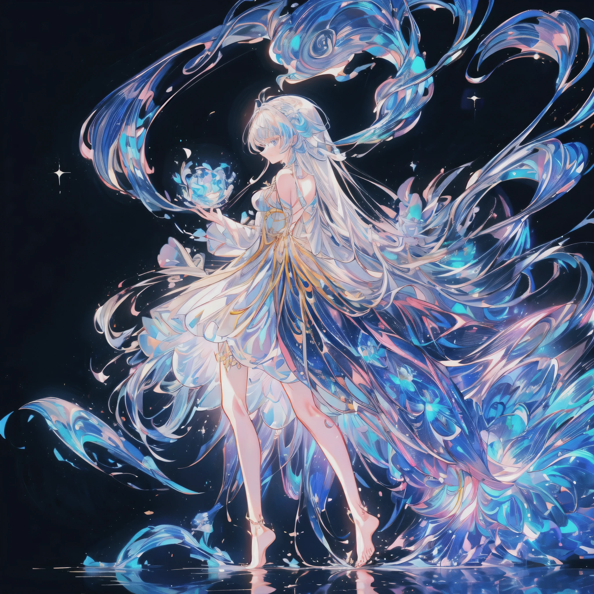 ( masterpiece, : 1.2), ( very detailed : 1.2), ( very detailed CG: 1.2), I'm coloring it.,White hair, asymmetrical hair ,((My hair is very thick1.8, clearly shaped head1 .6)),Night blue eyes ,Night blue eyes ,Night blue eyes , hair at all, long shoulders , I'm busy., My hair is very long., Shiny hair,Beautiful girl,(, luxurious platinum minilolita , made of transparent material ),( transparent clothes 1 .8), Perfect Figure , high and high, and ,thin,(looks beard, look languid 、 look languid , Gorgeous , beard,Open your mouth:1.2) against the background of the starry sky sparkles unusually,Stand up( put your hands behind ),(Goddess),Barefoot,float,Water surface,(Long legs,Long legs,Long legs, Gestalt ), Full Body Photos,Reflection, eyes are delicate and beautiful, space,White skin,High sensitivity ,High quality,Long dress in dark blue and gold, Medium length hair,Shiny hair