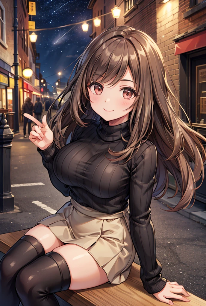  1 girl, solo,  High Resolution , Long Hair, ((Large Breasts)), smile,  brown eyes , Brown Hair, In the streets of England ,  High Resolution , masterpiece, accurate,  anatomically correct, 最high quality,  detail, 高い detail,  high definition models, high quality,  very detailed ,  textured skin,  ultra-fine,  black knitted sweater,  beige miniskirt,  black long boots with black ribbons, Cooking on the desk, Emphasize the upper body,  English restaurants in the streets of England, night,Terrace seats, Starry Sky, autumn, whole body, sit on a chair, 