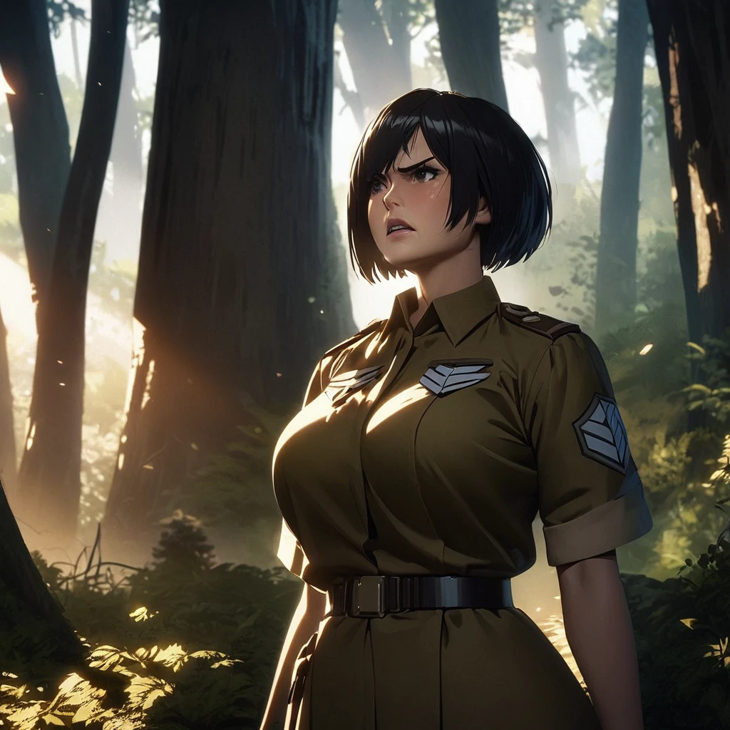 Attack on titan Theme, Scouting legion, anime girls, light skin, older woman, Black hair, short hair, huge breast, Scouting Legion Costume, On huge Forest, Warm lighting, Dramatic lighting, Cinematic, 4K quality, Beautiful scenery, Fierce expression, Confidence Expression