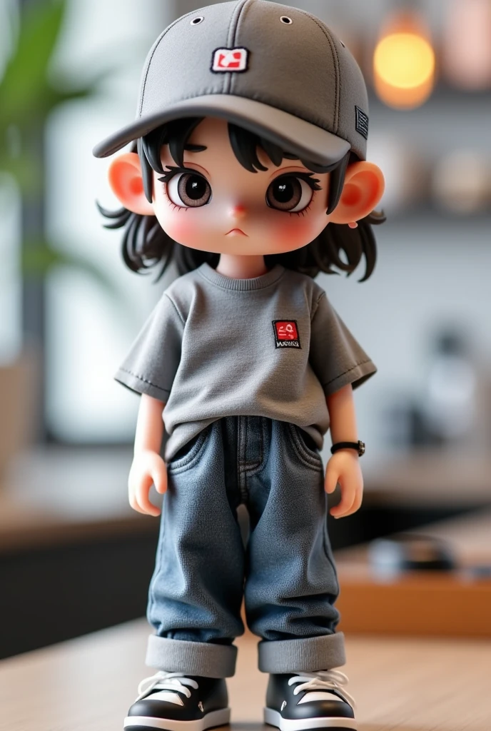 a close up of a doll with a baseball cap on a table, cute cartoon style, style as nendoroid, cute pocelain doll, casual clothing style, dressed with fluent clothes, dressed with long fluent clothes, e - girl, e-girl, the mekanik doll, luts, kawaii shirt and jeans, soda themed girl, cute cartoon character