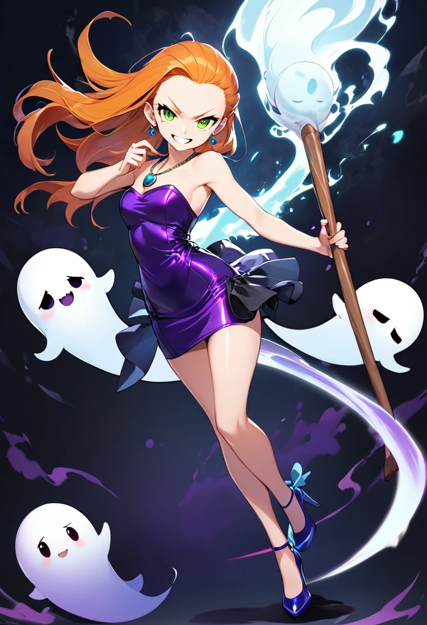 1girl, solo, bshp, full body, orange long hair, Slicked back, forehead, green Glaring eyes, Long eyelashes, purple bodycon, strapless tube microdress, Blue earrings and pendant necklace, Purple High Heels, She is fighting a Cute Ghost with a long stick, grin. [She is a Ghost Sweeper]