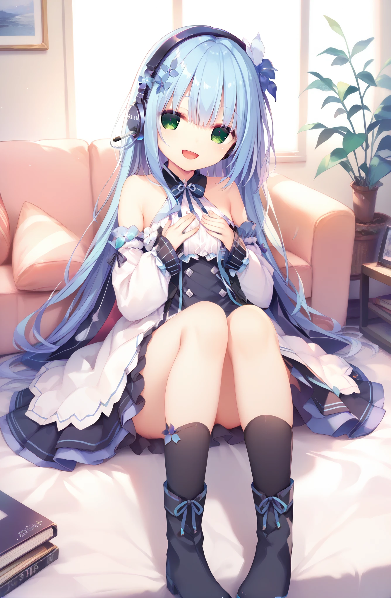 from below, (black thighhighs), showing foot to viewer, (foot focus), (presenting foot), looking at viewer, from below, ((hand on own thigh)), eyelashes, (pale skin:1.5), anime style, masterpiece, 8k, sharp details, 1girl, solo, light blue hair, full body black dress with skirt, mature female, medium breasts, black side twin hair ribbon, brown eyes, long hair, sleeveless, closed mouth, crossed legs, smile, sitting