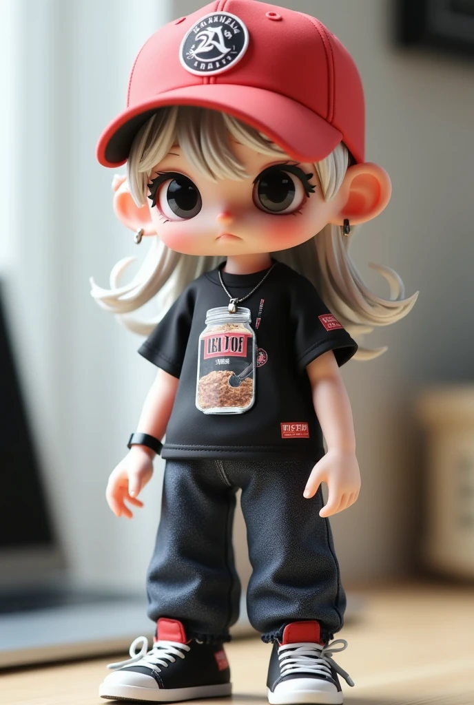 a close up of a doll with a baseball cap on a table, cute cartoon style, style as nendoroid, cute pocelain doll, casual clothing style, dressed with fluent clothes, dressed with long fluent clothes, e - girl, e-girl, the mekanik doll, luts, kawaii shirt and jeans, soda themed girl, cute cartoon character