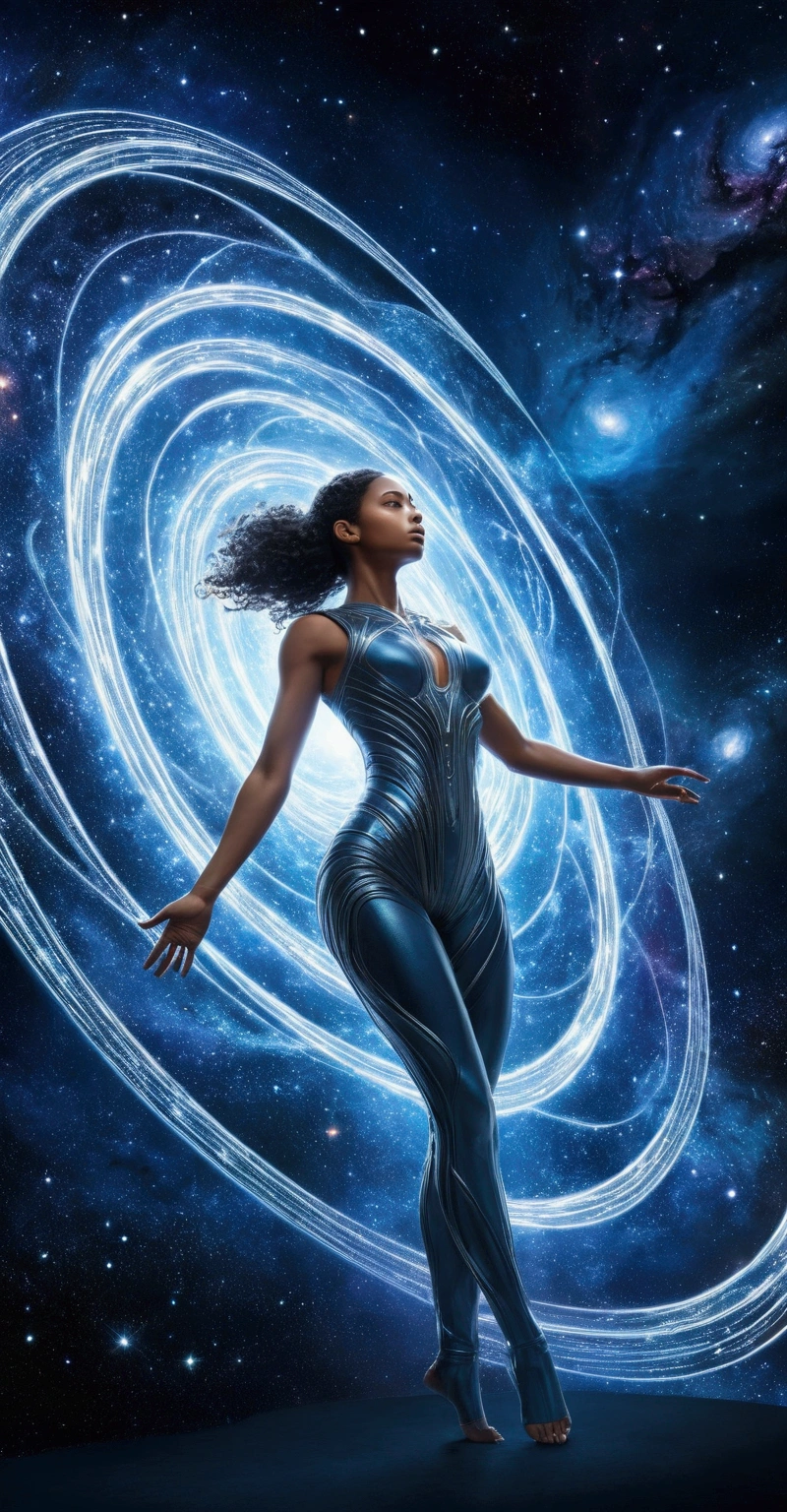 Create a detailed 3D style image of a feminine figure with divine attributes, in a varied pose and displaying unique ethereal qualities, set against the backdrop of a space wormhole. This design should visualize the concept of a divine figure navigating or emerging from a space wormhole, symbolizing her control over space and time. The background should depict the wormhole with dynamic, swirling patterns of light and energy, suggesting a gateway to other dimensions or times. The figure should integrate with this theme, embodying the mystery and power of traversing the cosmos. Aim for high definition, clarity, and intricate detailing to capture the awe-inspiring essence of traveling through a space wormhole.