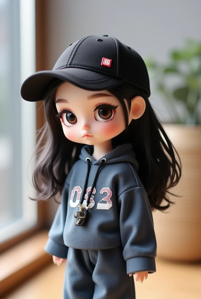 a close up of a doll with a baseball cap on a table, a picture inspired by Zou Yigui, trending on cg society, neo-dada, cute cartoon style, style as nendoroid, cute pocelain doll, casual clothing style, dressed with fluent clothes, e - girl, dressed with long fluent clothes, e-girl