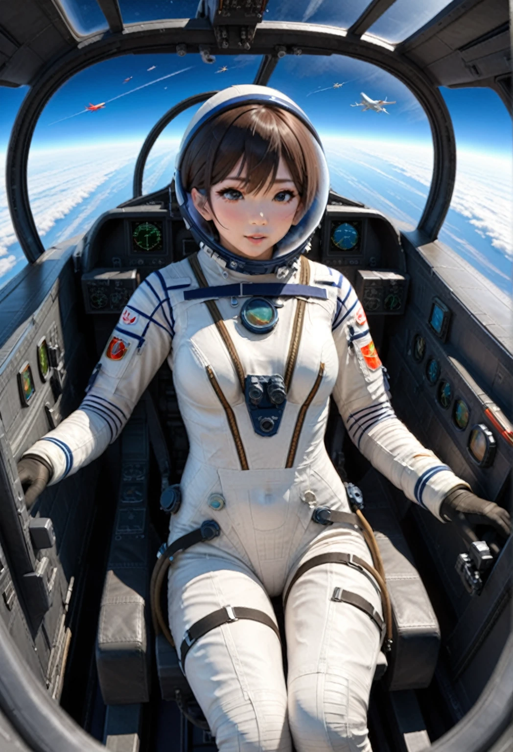 ((Female pilot in the cockpit of a reconnaissance plane), (airplane cockpit), (in flight), (10000 feet altitude)、(sky view):1.7),, short hair, street, emo, BLACK hair, white eyes, eyeliner, apocalypse, girl, nside the (cockpit:1.9) of a (futuristic spaceship:1.6), , blush,sitting on a chair, covered navel, space helmet, space helm, plug suit , space helmet, eva helm, space suit, short hair, spacesuit, astronaut
from side, 
acheron \(honkai: star rail\) bubble helmet, space helmet, spacesuit