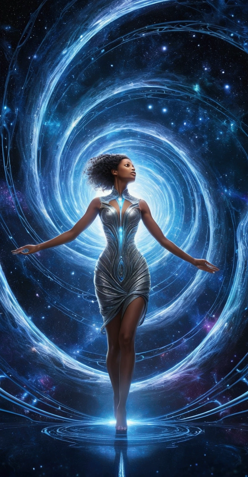 Create a detailed 3D style image of a feminine figure with divine attributes, in a varied pose and displaying unique ethereal qualities, set against the backdrop of a space wormhole. This design should visualize the concept of a divine figure navigating or emerging from a space wormhole, symbolizing her control over space and time. The background should depict the wormhole with dynamic, swirling patterns of light and energy, suggesting a gateway to other dimensions or times. The figure should integrate with this theme, embodying the mystery and power of traversing the cosmos. Aim for high definition, clarity, and intricate detailing to capture the awe-inspiring essence of traveling through a space wormhole.