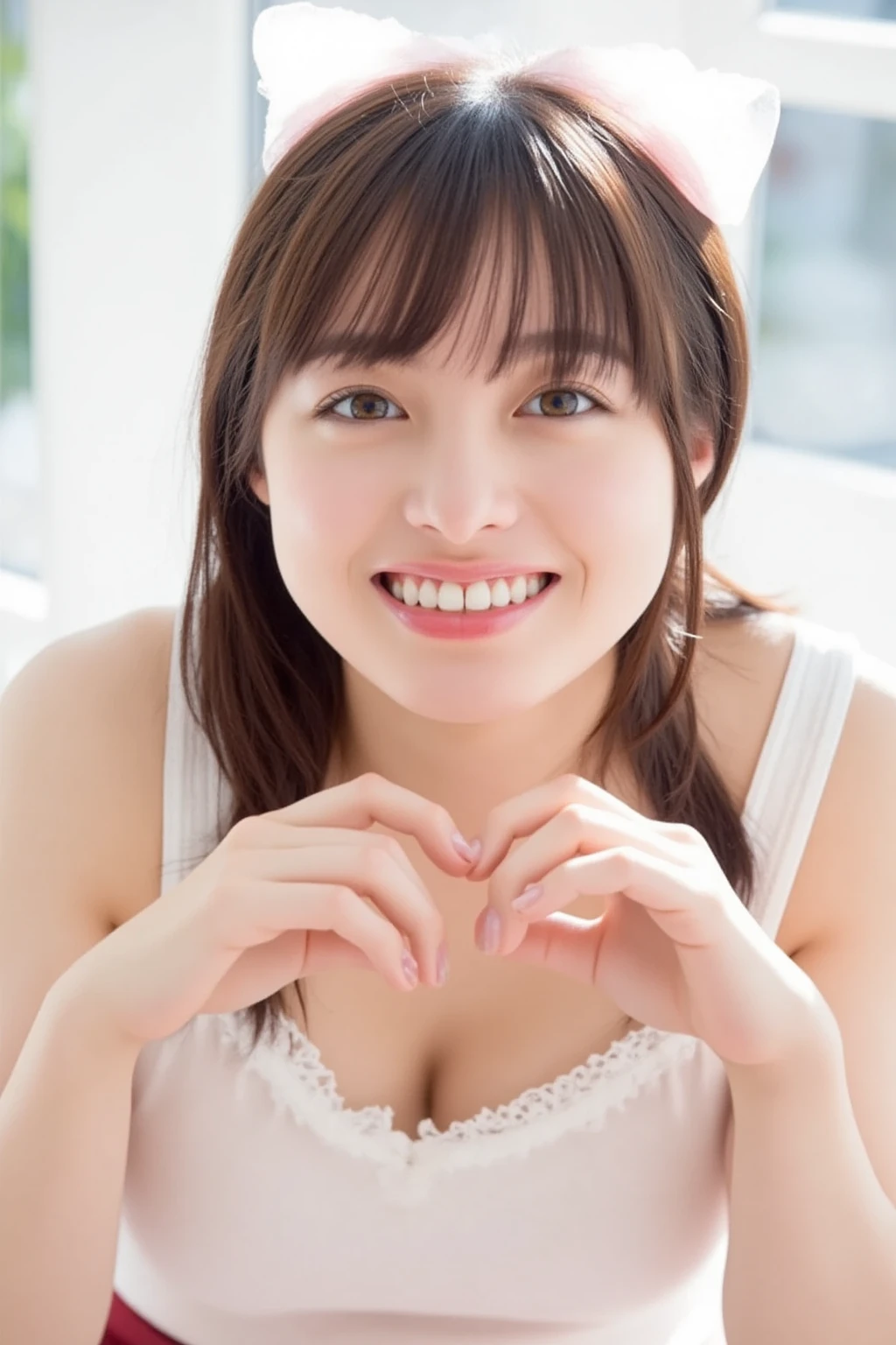 She is in a pose wearing a sexy camisole, making a firm big heart shape with both hands, and holding it in front of her chest, Close-up of a smiling face

