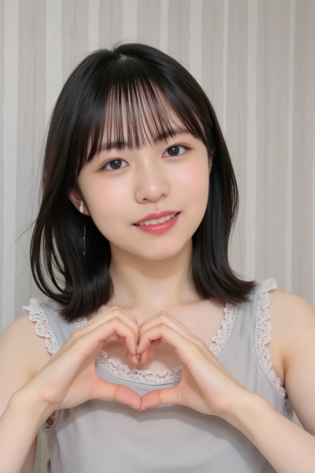 She is in a pose wearing a sexy camisole, making a firm big heart shape with both hands, and holding it in front of her chest, Close-up of a smiling face

