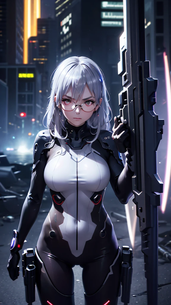 Silver Haired Girl,((Large Breasts:0.7)),Red glasses,Prone position,Looking thRough a sniper scope,Sighting gun,Tactical Boots,Futuristic gun,Rain environment, High image quality ,8k,super detailed, surreal,masterpiece,  Cinematic Lighting,  Dramatic Lighting  ,dramatic pose,High definition facial features,極めてRealistic,Realistic, Beautiful eyes with great attention to detail, Beautiful Detailed Lips , highly detailed eyes and faces, long eyelashes, 1 girl, concept art, digital art 、Shiny Futuristic gun、Vivid Depiction of the Human Body 、((Futuristic body suit))、(( torn clothes )) Hall in the center of the poster々 in the center standing, Wear stylish and edgy clothing,  Expression Full of Determination .  Dark background 、Rough., There is danger and tension. The text is bold and eye-catching,  Catchy taglines that create a dramatic and exciting vibe. The color palette is mostly dark.、Bright colors are scattered thRoughout。, Give your poster a dynamic and visually eye-catching look , Character Portrait ((Symposium cover))