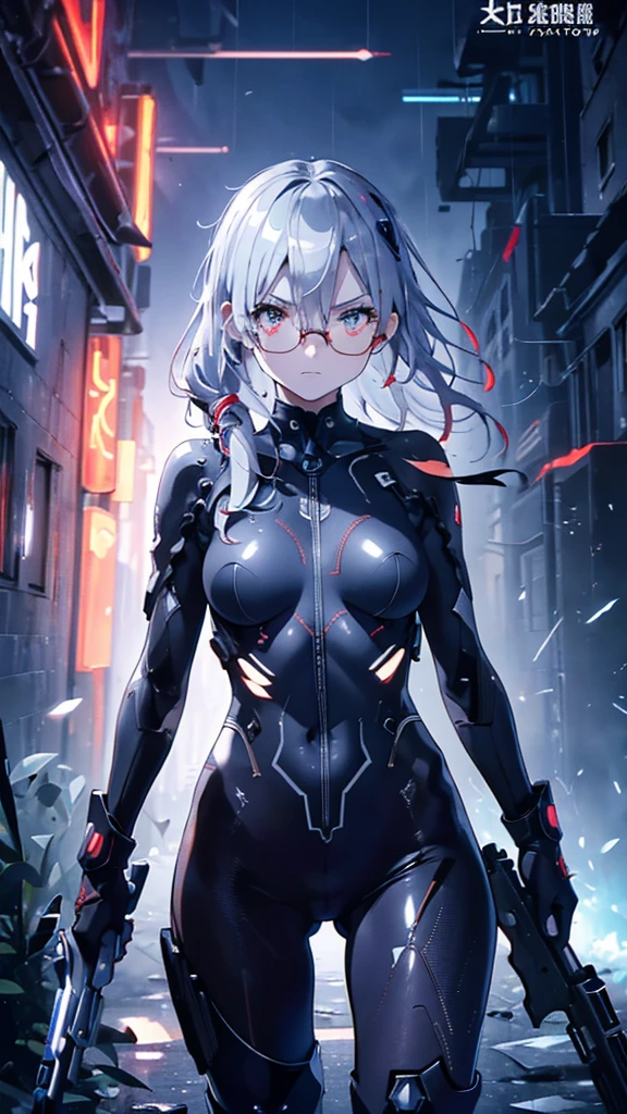 Silver Haired Girl,((Large Breasts:0.7)),Red glasses,Prone position,Looking thRough a sniper scope,Sighting gun,Tactical Boots,Futuristic gun,Rain environment, High image quality ,8k,super detailed, surreal,masterpiece,  Cinematic Lighting,  Dramatic Lighting  ,dramatic pose,High definition facial features,極めてRealistic,Realistic, Beautiful eyes with great attention to detail, Beautiful Detailed Lips , highly detailed eyes and faces, long eyelashes, 1 girl, concept art, digital art 、Shiny Futuristic gun、Vivid Depiction of the Human Body 、((Futuristic body suit))、(( torn clothes )) Hall in the center of the poster々 in the center standing, Wear stylish and edgy clothing,  Expression Full of Determination .  Dark background 、Rough., There is danger and tension. The text is bold and eye-catching,  Catchy taglines that create a dramatic and exciting vibe. The color palette is mostly dark.、Bright colors are scattered thRoughout。, Give your poster a dynamic and visually eye-catching look , Character Portrait ((Symposium cover))