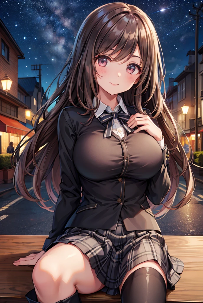  1 girl, solo,  Kampala, Long Hair, ((Large Breasts)), smile,  Teal Eyelids, Brown Hair, In the streets of England ,  Kampala, masterpiece, accurate,  anatomically correct, 最high quality,  detail, 高い detail,  HD Model, high quality,  very detailed ,  textured skin,  ultra-fine,  high school uniform ,  plaid miniskirt,  black long boots with black ribbons, Cooking on the desk, Emphasize the upper body, French restaurant , night,Terrace seats, Starry Sky, autumn, whole body, sit on a chair, Teenage Girls,  