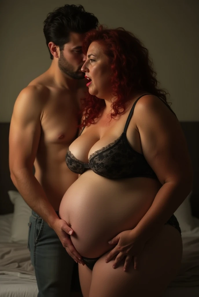 The man in his 45s with black very short hair and smooth face with moustache. The woman in her 45s with brown wavy long hair and the woman is pregnant. The man and the woman are naked. The man is sitting on the chair. The woman is sitting on the man's lap. Chair sex. Side view. Night. Dim and dark environment. UHD. HDR. Cinematic.