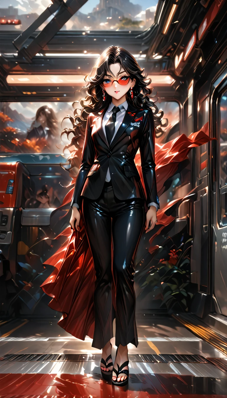 (((Adult trans woman)): formal black tie suit, black eyes, ((brown skin)), dark skin, showing the whole body, ((black hair, long wavy hair)),(High heel sandals ). Closed mouth )); full body shot, sarcastic smile ((standing in front of a station), holding a hadngun, ready for action, police station, background. High quality. 4k, 8k, many details. Masterpiece, accurate, anatomically correct, posing, detailed background, better quality, original work Focus on details, Front view, earrings, wind blowing, eye glasses, red makeup