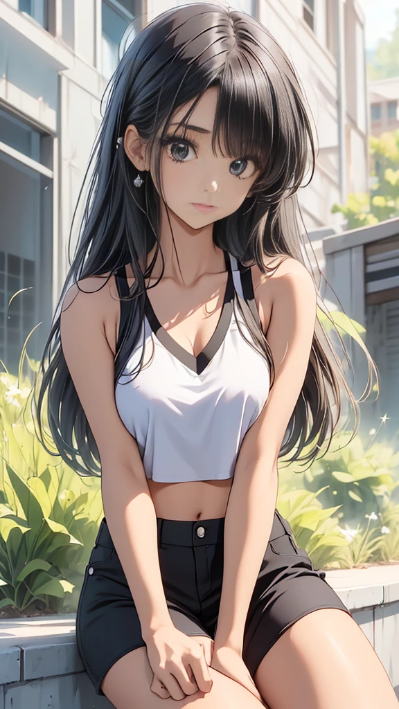 ((perfect anatomy:1.2,realistic,:1.3,RAW Photography:1.3,masterpiece、highest quality、Ultra - High resolution、High resolution、Highly detailed CG、8K)),cowboy shot,1 female,solo,20 year old beauty,((beautiful detailed face and eyes,big and gorgeous eyes)), brown eyes,open mouth,steam、heavy breathing,,(brown hair,long hair,forehead,center parted hair:1.2、straight hair),(medium breasts,slender body,small head:1.3,skinny,tan skin,gleaming skin,oily skin,shiny skin,sweat:1.4),  BREAK  ,(((white t-shirt,navel, sweatshorts,dark gray micro shorts))),   BREAK   ,squatting,spread legs:1.5,gymnasium hall,