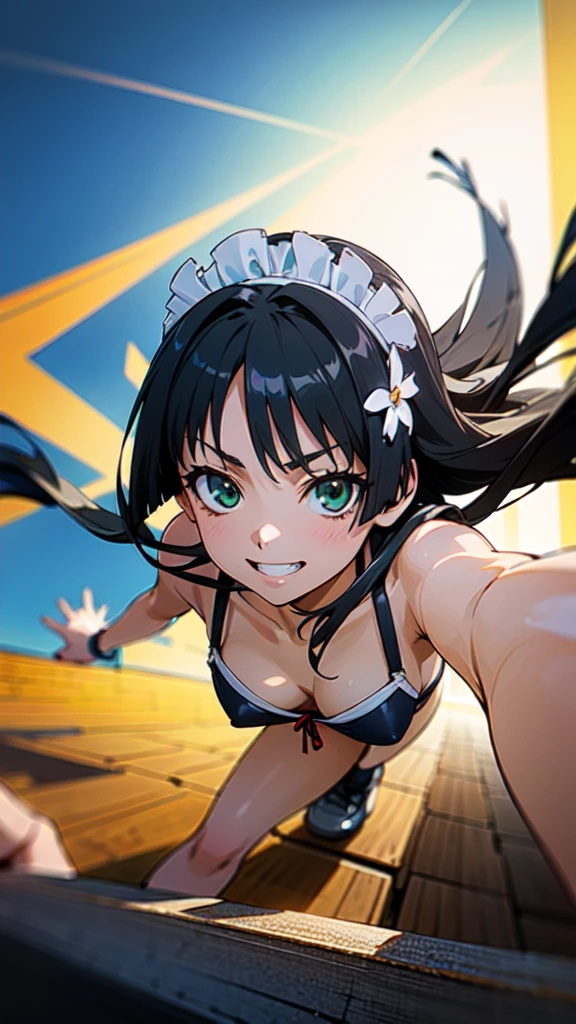  (High resolution:1.4), (masutepiece:1.2), (High quality:1.3) 1girl, saten ruiko, green eyes, long hair, black hair, small breast, (maid Bikini),, cinematic lighting,  pov, dynamic angle, comiket_cosplay_Hiroba comiket_cosplay, N4, grin,