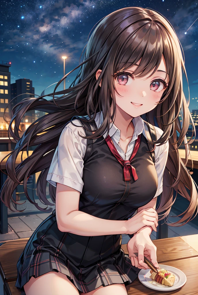  1 girl, solo,  Kampala, Long Hair, Large Breasts, smile,  Teal Eyelids, Brown Hair, In the streets of England ,  Kampala, masterpiece, accurate,  anatomically correct, 最high quality,  detail, 高い detail,  HD Model, high quality,  very detailed ,  textured skin,  ultra-fine,  high school uniform ,  plaid miniskirt,  black long boots with black ribbons, Cooking on the desk, Emphasize the upper body, French restaurant , night,Terrace seats, Starry Sky, autumn, whole body, sit on a chair, Teenage Girls, high school student, 