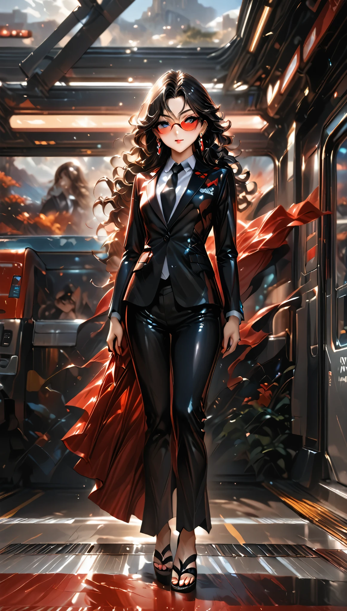 (((Adult trans woman)): formal black tie suit, black eyes, ((brown skin)), dark skin, showing the whole body, ((black hair, long wavy hair)),(High heel sandals ). Closed mouth )); full body shot, sarcastic smile ((standing in front of a station), holding a hadngun, ready for action, police station, background. High quality. 4k, 8k, many details. Masterpiece, accurate, anatomically correct, posing, detailed background, better quality, original work Focus on details, Front view, earrings, wind blowing, eye glasses, red makeup