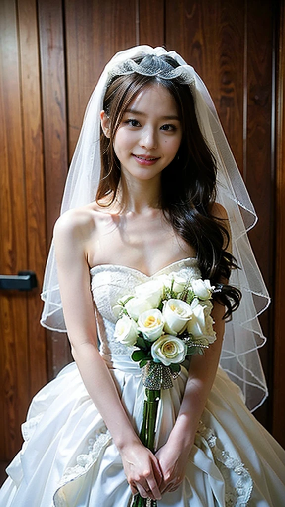 (8K、Raw photo、highest quality、masterpiece:1.2)、(realistic、Photoreal)、1 girl、((wedding dress、veil、frills、ribbon、big breasts、Seen from the front、))、smile、lots of eyelashes、Glitter on your eyelids、skeletally correct