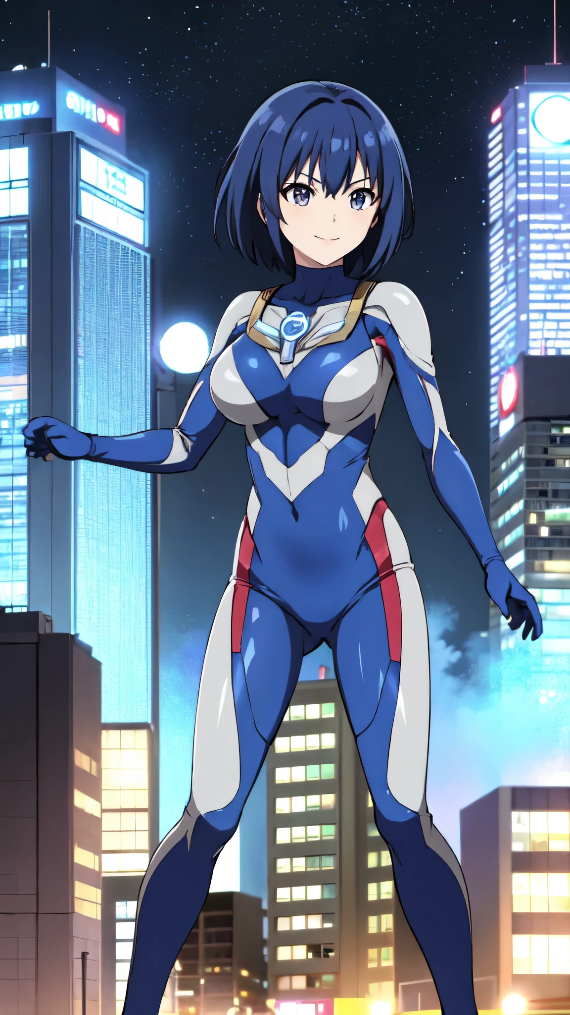 michirutojo, masterpiece, View your viewers,
Blue Hair, Cowboy Shot、Combat Stance、Ultraman bodysuit、Large Breasts、Hero Suit,Tight suit,smile、(building:1.2)、Night view