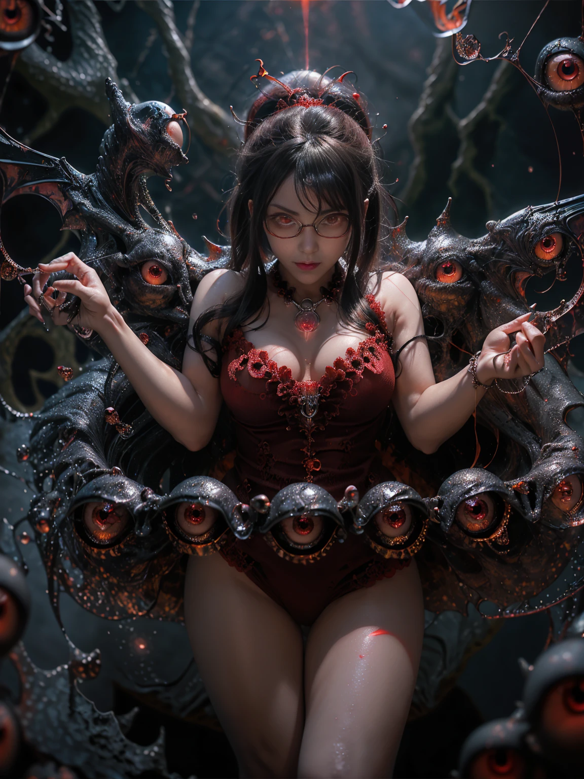 Illustration of a tarantula crawling on the wall、A devil that combines creepiness and beauty、The mysterious fusion of tarantulas and humans、Tarantula body、(femele:0.2| arachne:1.8)、Atrocious、cruel、offensive、wicked、ruthless look、8 legs wide open、Giant spider web、Full body