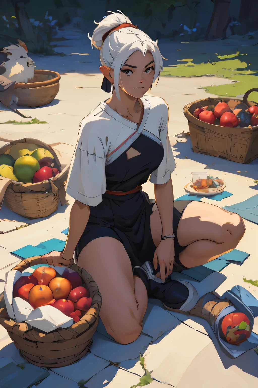 anime girl sitting on the ground with a basket of fruit and a bird, relaxing concept art, artwork in the style of guweiz, krenz cushart and wenjun lin, wlop and krenz cushart, painted in anime painter studio, guweiz, made with anime painter studio, ross tran and studio ghibli white hair