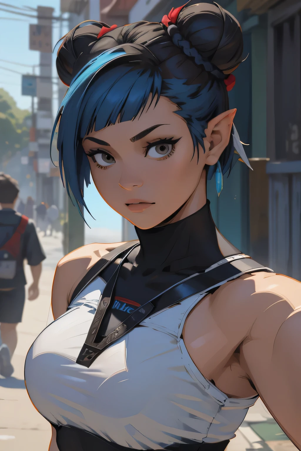 there is a woman with blue hair taking a selfie, short blue hair, with blue hair, blue short hair, short blue hair!!!, messy blue hair, halfbody headshot, blue hairs, blue hair, short blue haired woman, chloe price, sky blue highlights in hair, cyberpunk dyed haircut, flowing blue hair, brown hair with light blue ends, blue and black, LAUFEN, SHORT HAIR, DOUBLE BUN, BLUNT BANGS, Laofen, brown hair, double bun, brown eyes, hair_ornament, andando em um campo com coelinhos em sua volta