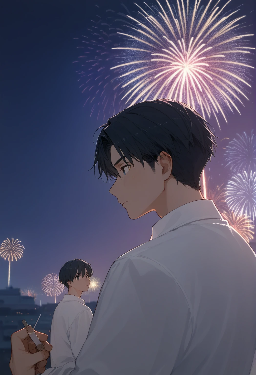  there are two men。One is a tall teacher 。 and the other is a dark-haired high school student  。white shirt and slacks。The two seem to be having fun 。dating between guys。Two people stand side by side and watch the sky with fireworks in the background。Create a romantic atmosphere by emphasizing contrast