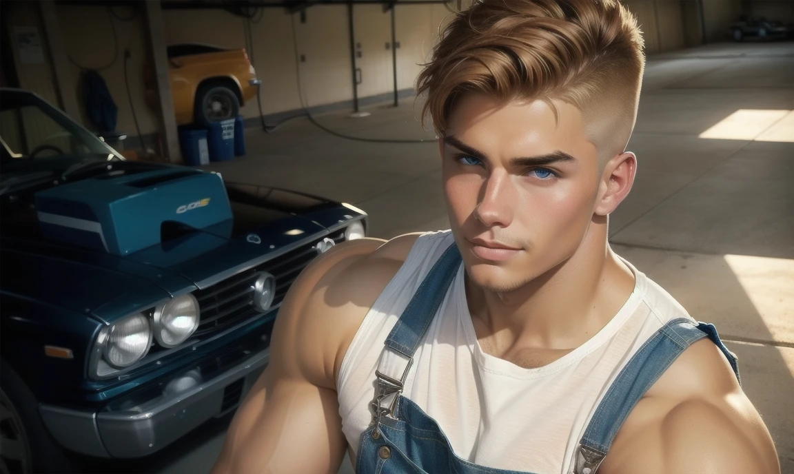 1 man, 18 years old, sexy natural-colored haircut. cute toned charming mechanic in a auto garage smirking at you, wearing a white muscle shirt under blue overalls. auto garage background.