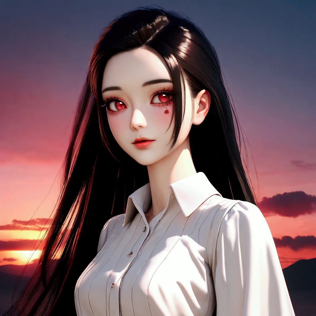 , a young Arab woman wearing a black shirt and a red sunset, Yanjun Chengt, Chinese girl, Inspired by Yanjun Cheng,  beautiful Chinese model ,  Portraitคุณภาพสูง , Beautiful Asian girl,  Beautiful South Korean girl , Beautiful and cute girl,  beautiful digital art , With the sunset,  received Inspired by Song Ma Jin , Inspired by Xiazun ,  inspired by Zhang Yan Wallpaper of a girl wearing a white shirt, soft glow, 32K UHD, , a woman's body, dark pink and light gray,  , Portrait,  In a white shirt dress ,  in a light red style with a light pink , china punk,   Detailed facial features  ,  I can't believe this is so beautiful , High quality photos, 3D 8K, realistically,