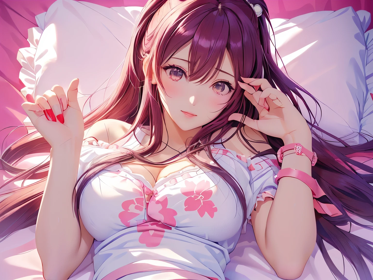 anime girl laying in bed with her hands on her face, seductive anime girl, misato katsuragi, akane owari danganronpa, gapmoe yandere, iwakura lain, chiaki mi from danganronpa, anime portrait of shiina ringo, (anime girl), kusanagi, anime moe artstyle, hinata hyuga