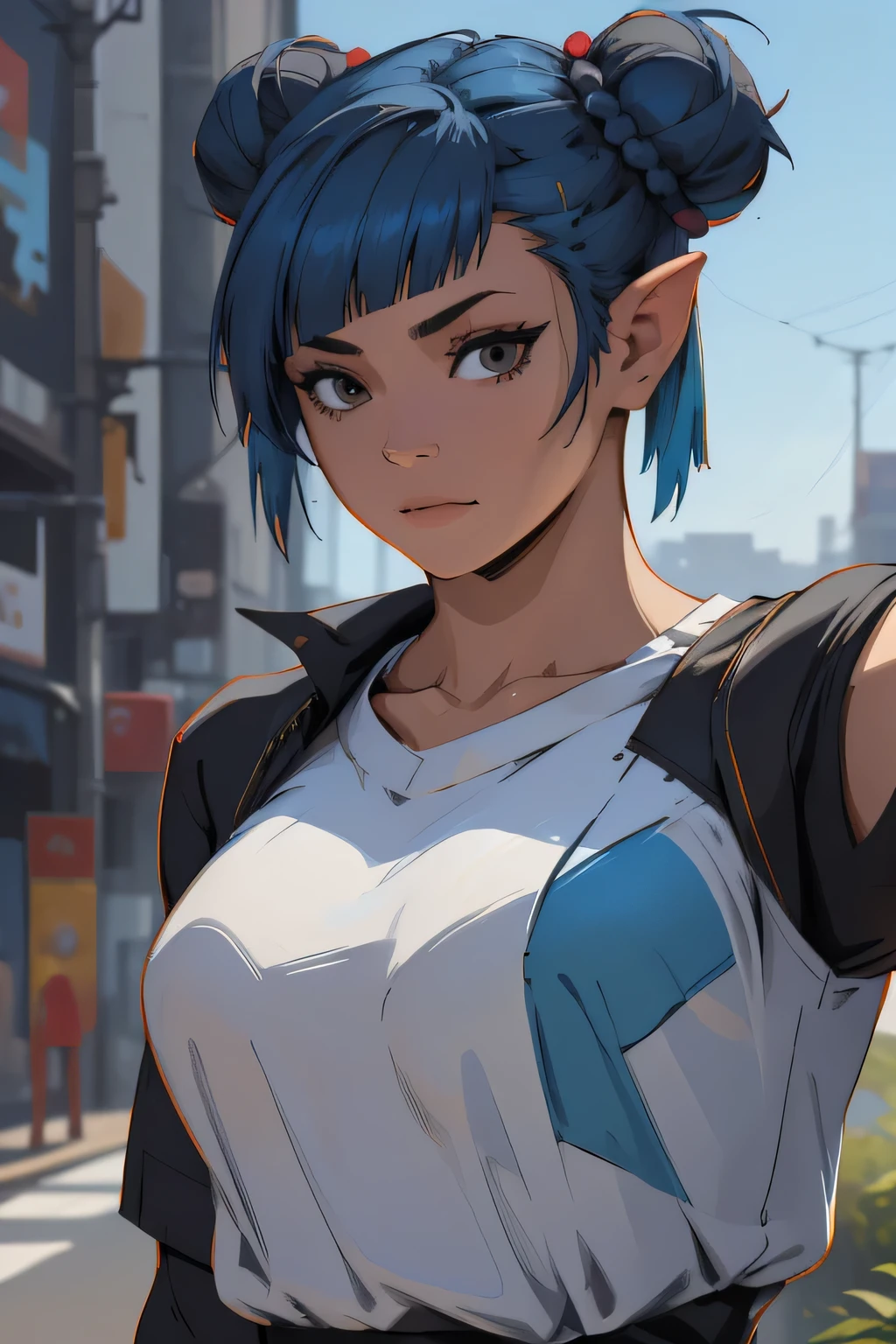 there is a woman with blue hair taking a selfie, short blue hair, with blue hair, blue short hair, short blue hair!!!, messy blue hair, halfbody headshot, blue hairs, blue hair, short blue haired woman, chloe price, sky blue highlights in hair, cyberpunk dyed haircut, flowing blue hair, brown hair with light blue ends, blue and black, LAUFEN, SHORT HAIR, DOUBLE BUN, BLUNT BANGS, Laofen, brown hair, brown eyes, hair_ornament,