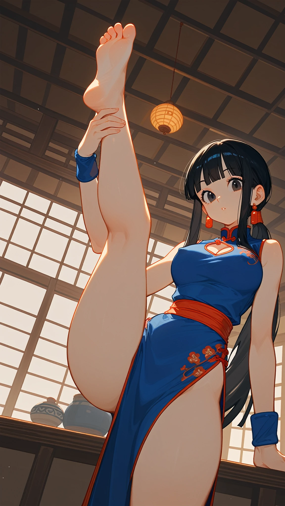 score_9,score_8_up,score_7_up,source_anime,from below,dutch angle,cowboy shot,nsfw,cheongsam,dragonballchichi,chi chi,black eyes,black hair,long hair,hime cut,low ponytail,blunt bangs,sidelocks,bare arms,cleavage,barefoot,blue dress,china dress,chinese clothes,dress,high collar,no panties,sash,side slit,sleeveless,sleeveless dress,wristband,indoors,dojo,looking at viewer,spread legs,leg lift,(erect nipples),(thick thighs),foot_worship