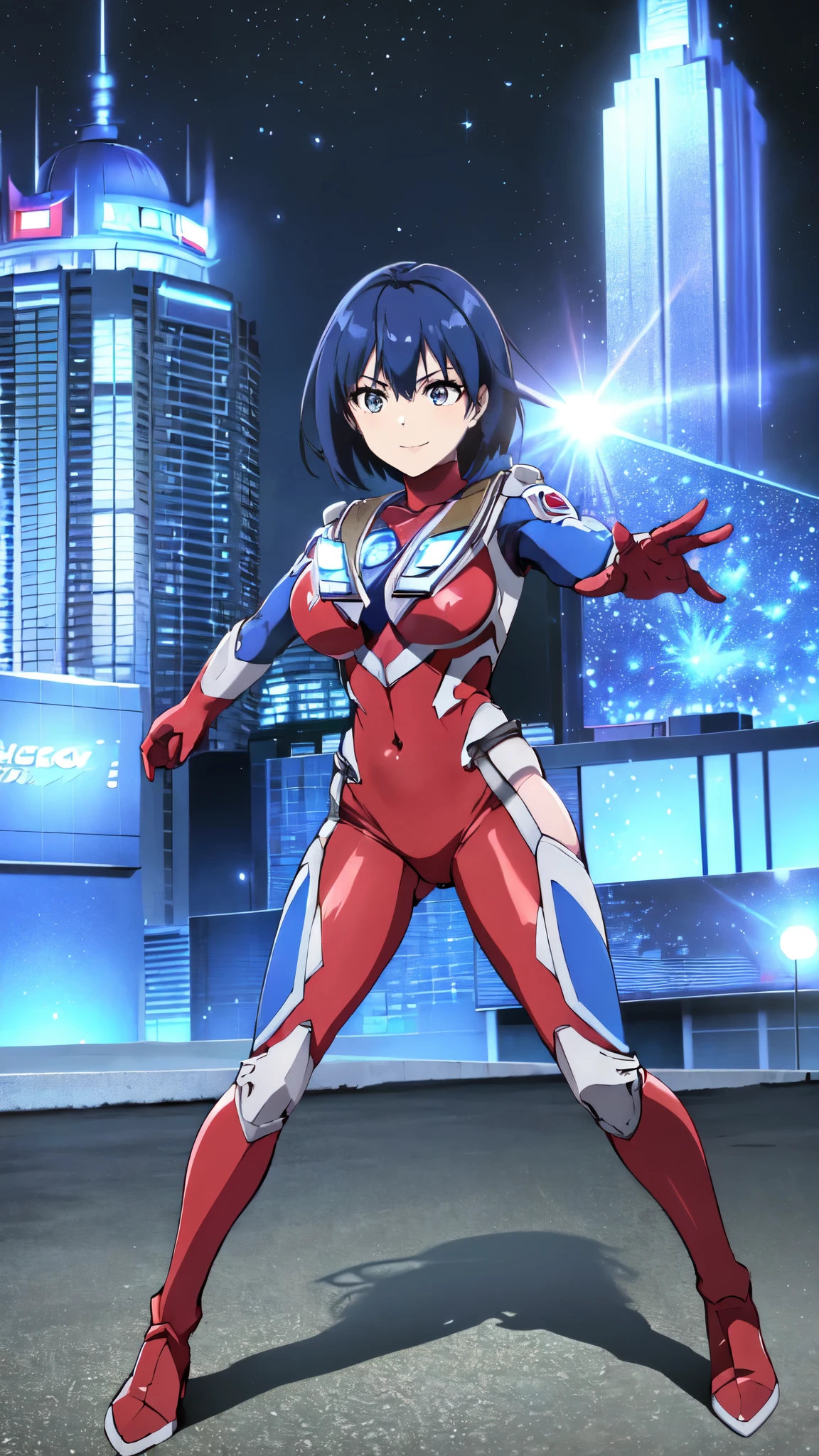 (Highest quality,4K,8k,masterpiece:1.2),michirutojo, View your viewers,
Blue Hair, Cowboy Shot,(Ultra Girl:1.0),( red Ultraman bodysuit:1.4),(Combat pose:1.3)Large Breasts,smile,( trained abs ), Trained Biceps,(Buildings:1.2)、Night view